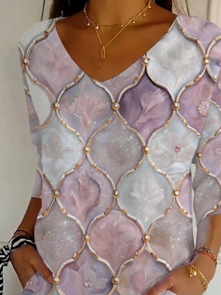 Women's Three Quarter Sleeve T-shirt Spring/Fall Purple Abstract Printing V Neck Daily Going Out Casual Top