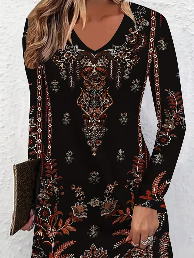 Women's Long Sleeve Summer Black Floral Printing V Neck Holiday Going Out Vintage Midi A-Line Tunic Dress