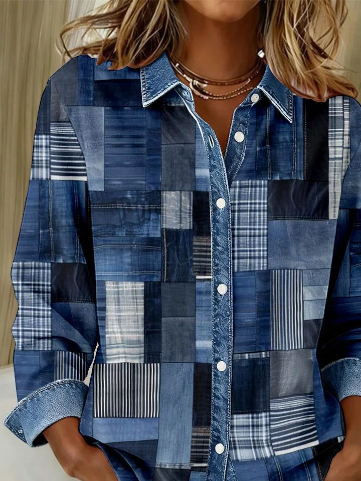 Women's Long Sleeve Shirt Spring/Fall Blue Faux Denim Print Graphic Buckle Shirt Collar Regular Sleeve Daily Going Out Casual Top