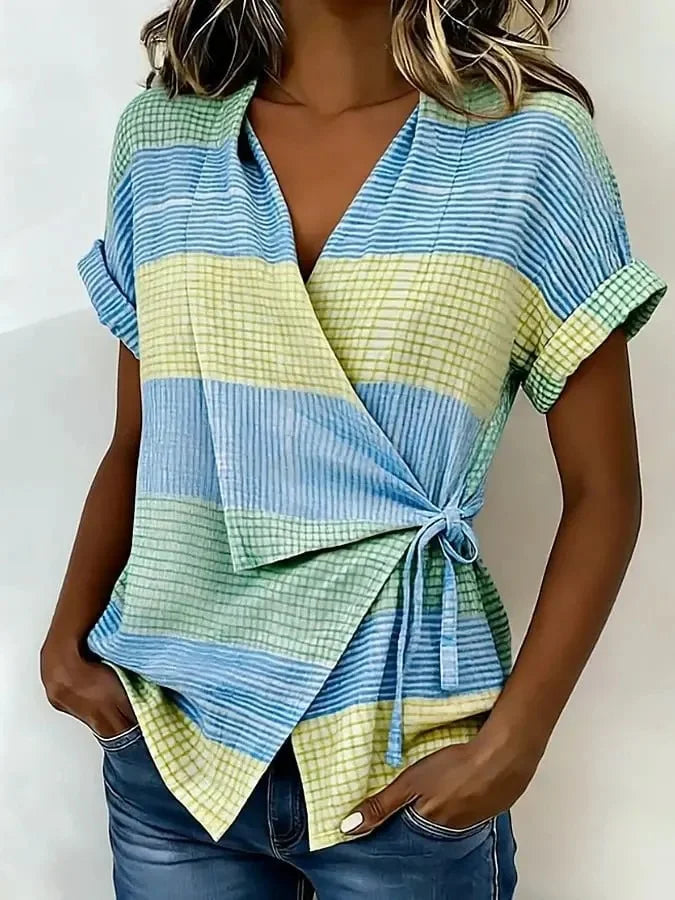 Cotton And Linen Colorful Geometric Printed Wrap Detail V Neck Short Sleeve Irregularly Shaped Hem Casual Blouse