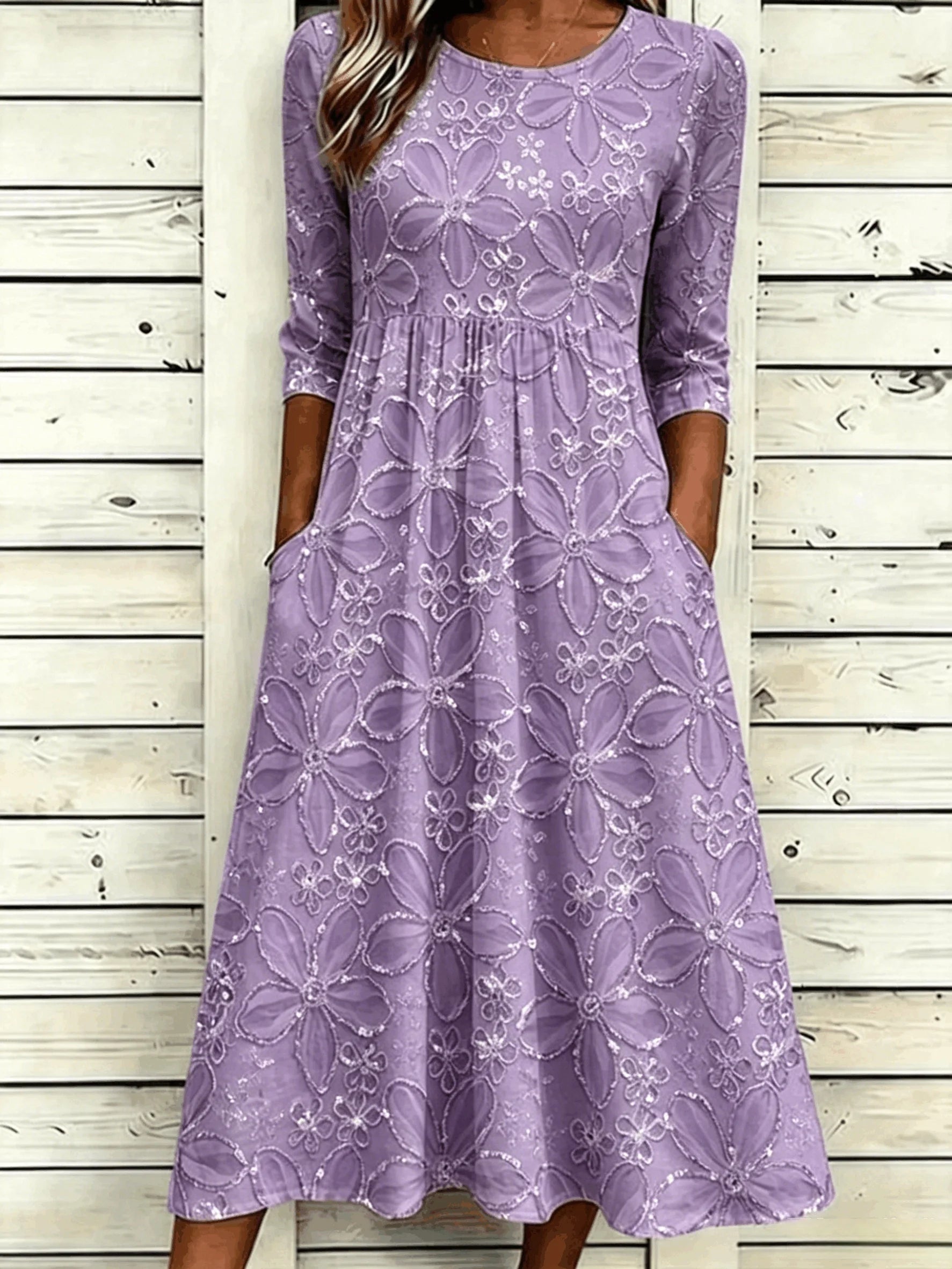 Daisy Floral Sequin Print Casual A-Line Midi Dress