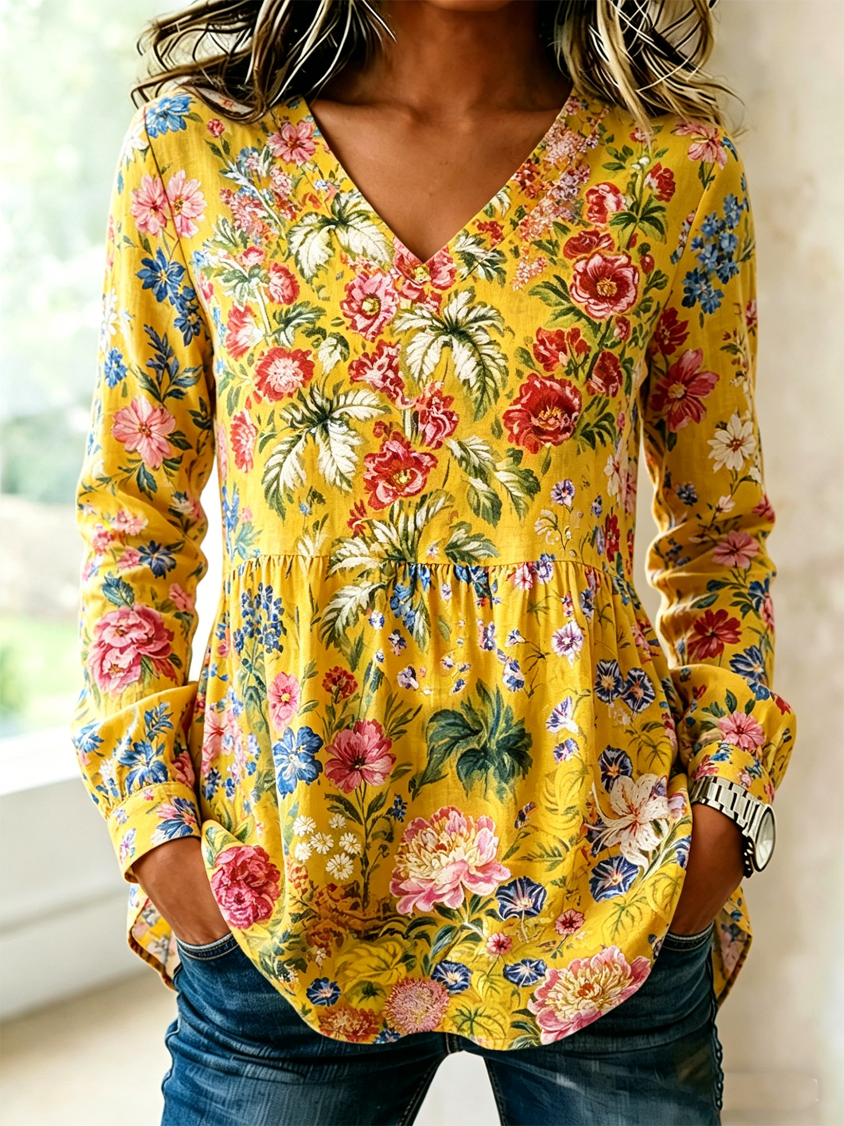V Neck Floral Loose Vintage Shirt