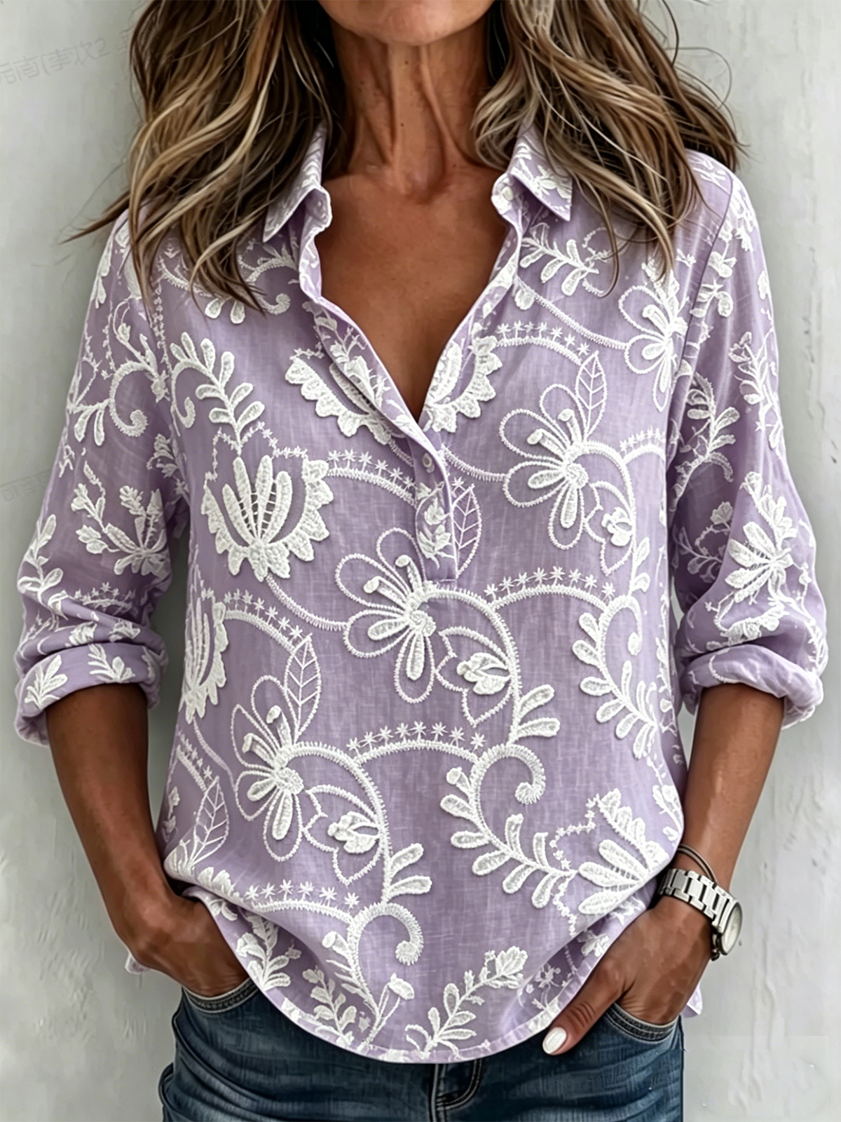 V Neck Floral Vintage Loose Shirt