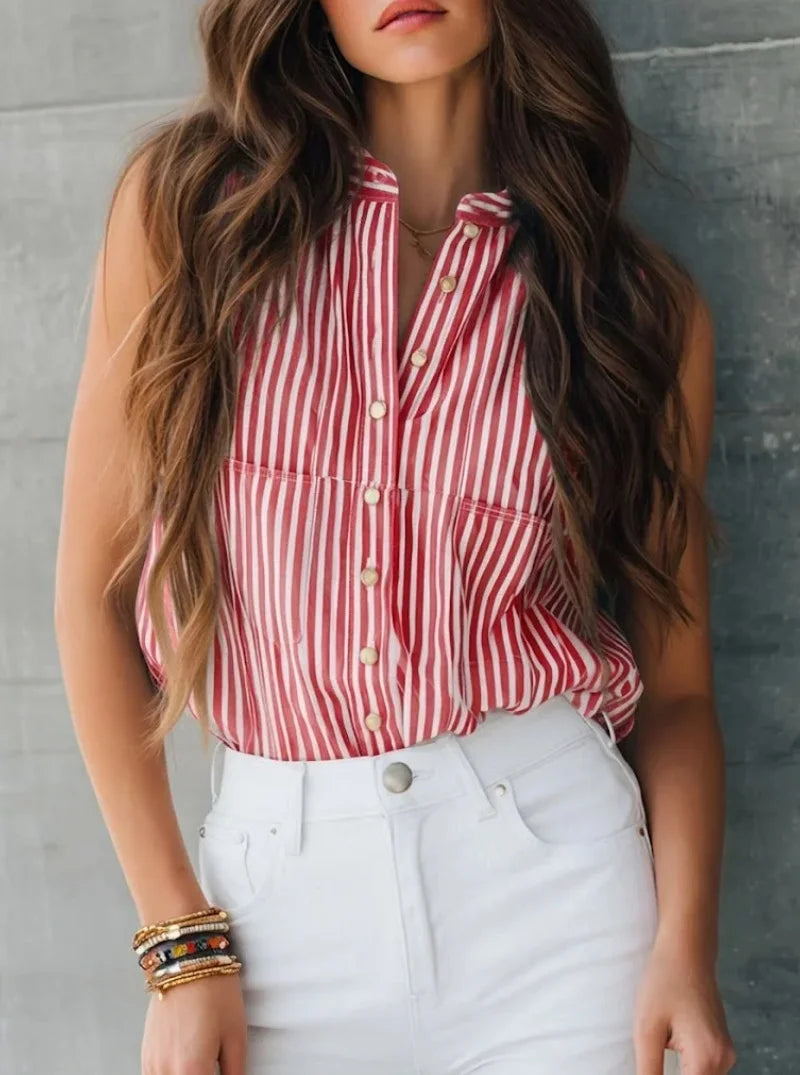 Striped Elegant Stand Collar Sleeveless Button Commuting Gouing Out Casual Shirt