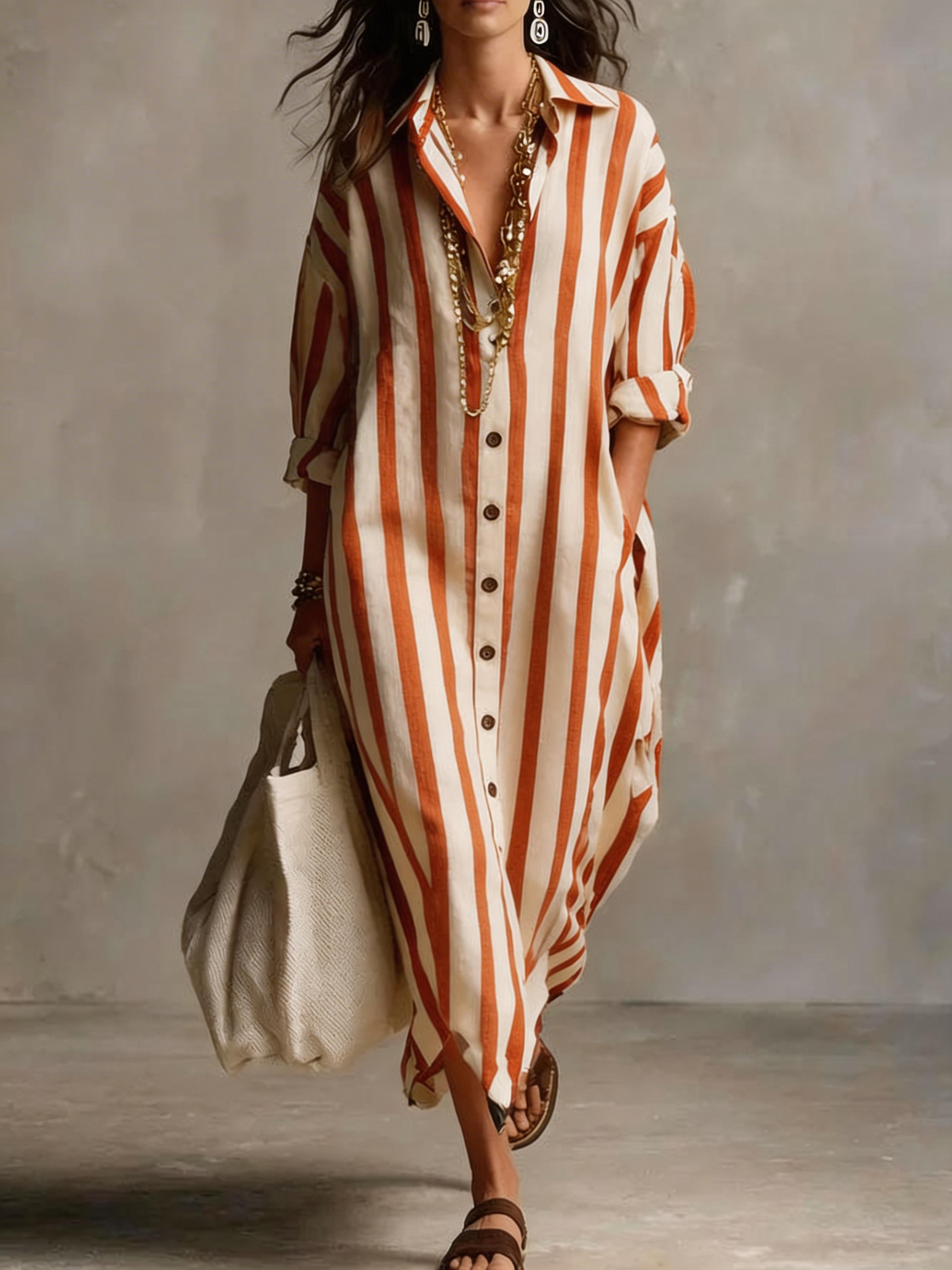 Boho Striped Button-Down Maxi Shirt Dress