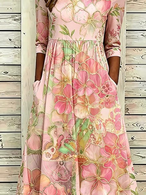 Elegant Crew Neck Loose Floral Dress With No