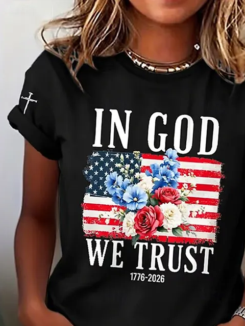 Women's Short Sleeve T-shirt Summer Black Independence Day (Flag) Printing Jersey Crew Neck Daily Going Out Casual Top