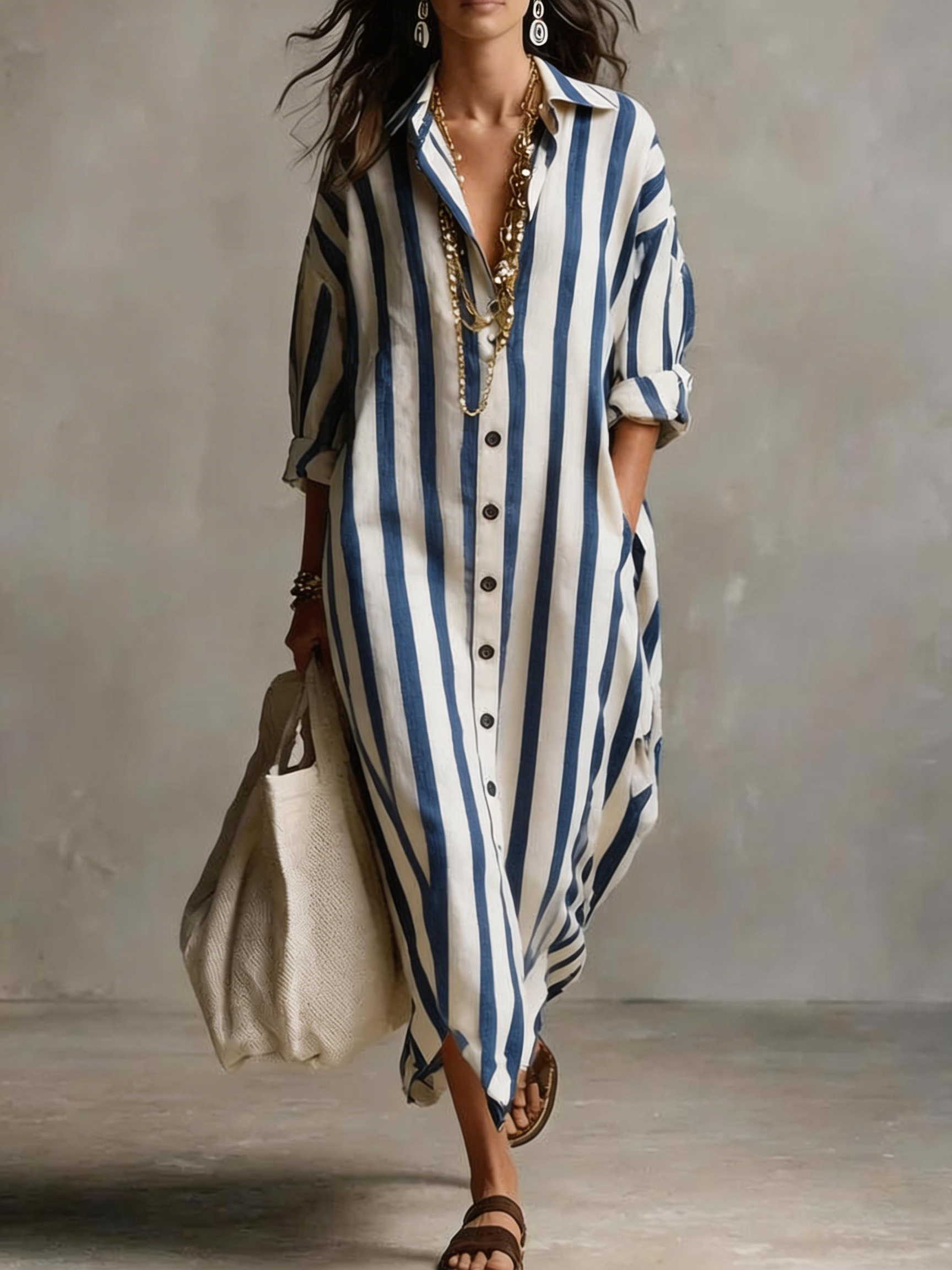 Boho Striped Button-Down Maxi Shirt Dress