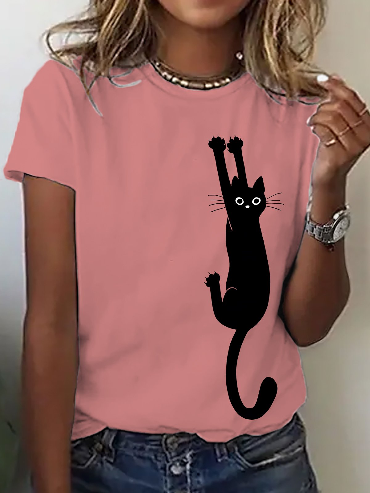 Black Cat Holding On Cotton T-shirt