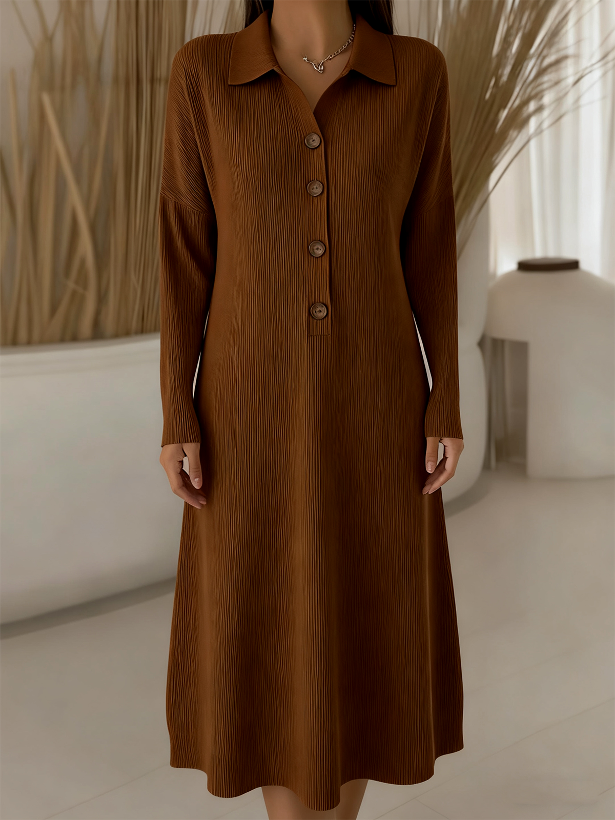 Shawl Collar Casual Plain Loose Sweater Dress With No