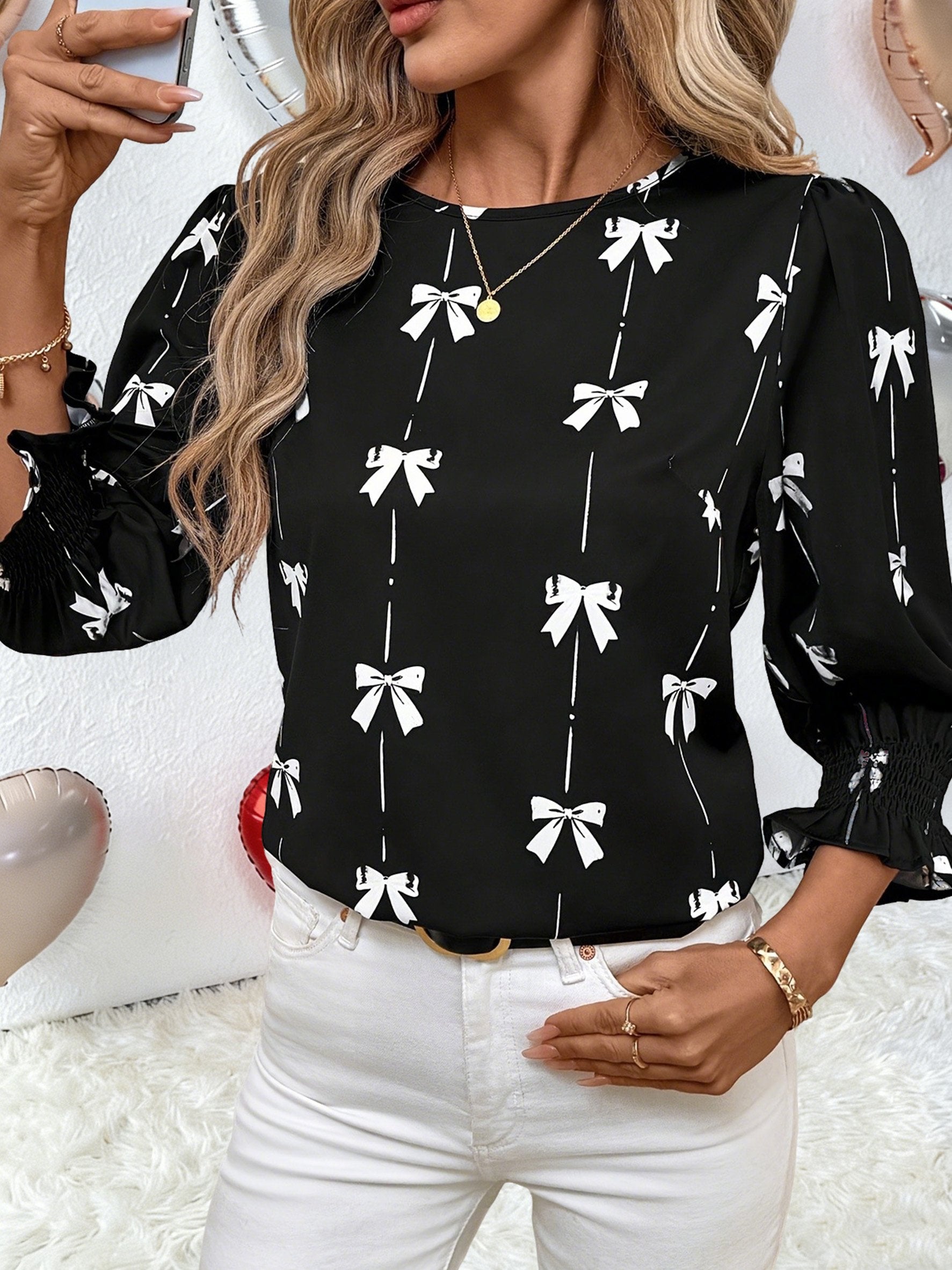 Bow Print Elegant Regular Fit Crew Neck Three Quarter Sleeve Smock Valentine's Day Casual Blouse