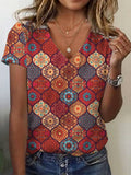 Ethnic Print Short Sleeve V-Neck T-shirt