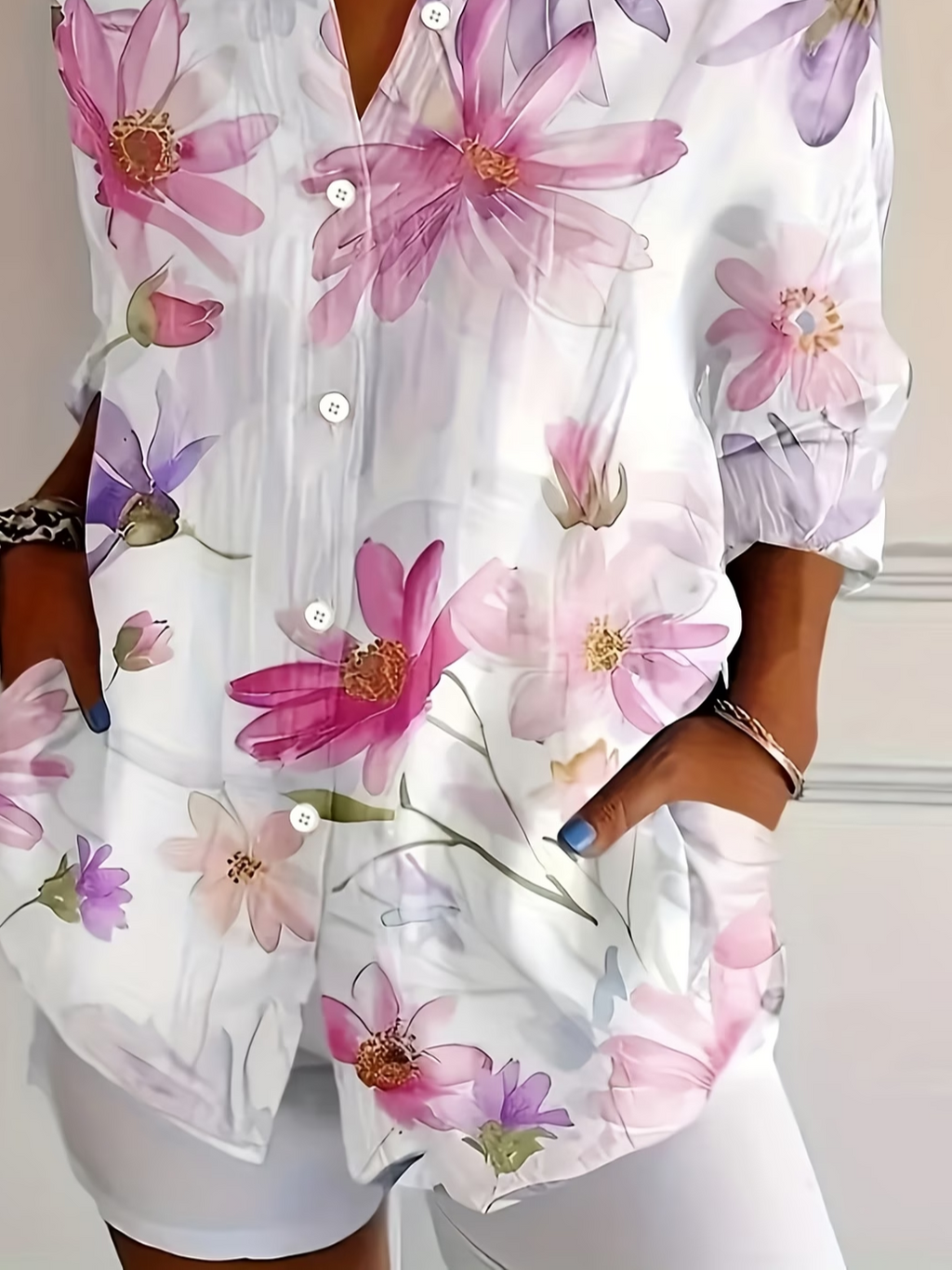 Women's Long Sleeve Shirt Spring/Fall White Floral Buckle Shirt Collar Regular Sleeve Daily Going Out Casual Top
