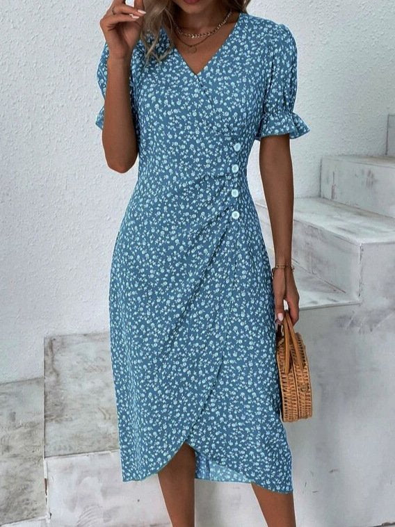 Ditsy Floral Puff Sleeve Wrap Midi Dress Elegant V Neck Summer Dress