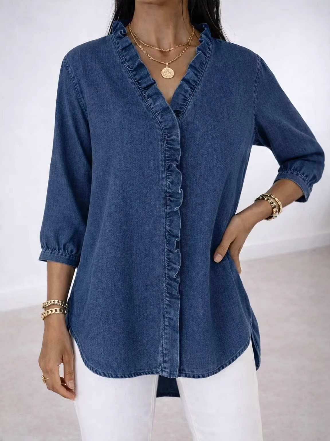 Denim Look/DenimEffect The Quarter Sleeve V Neck Ruffle Spring Summer Casual Blouse