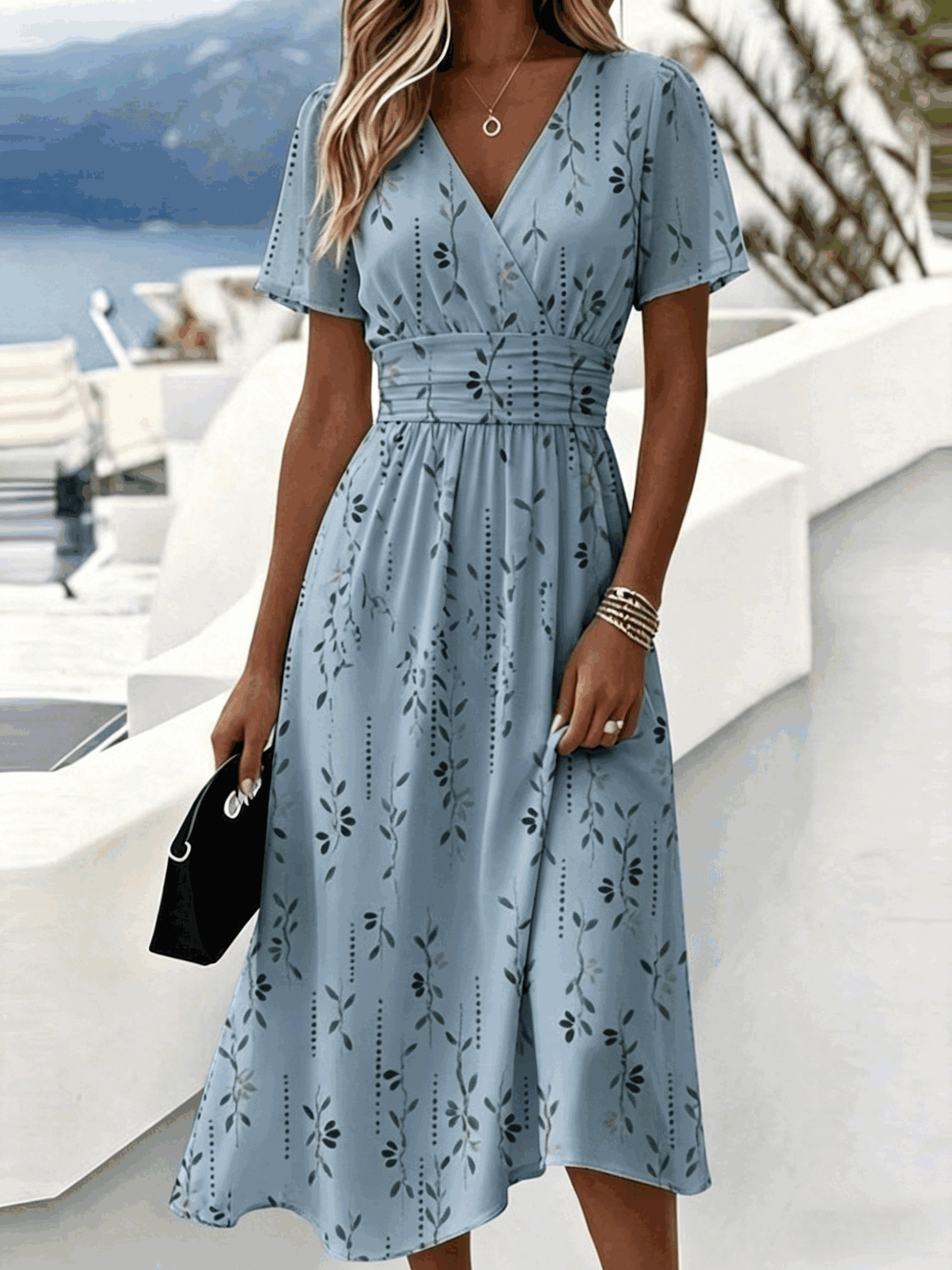 V Neck Elegant Regular Fit Leaf Dress With No