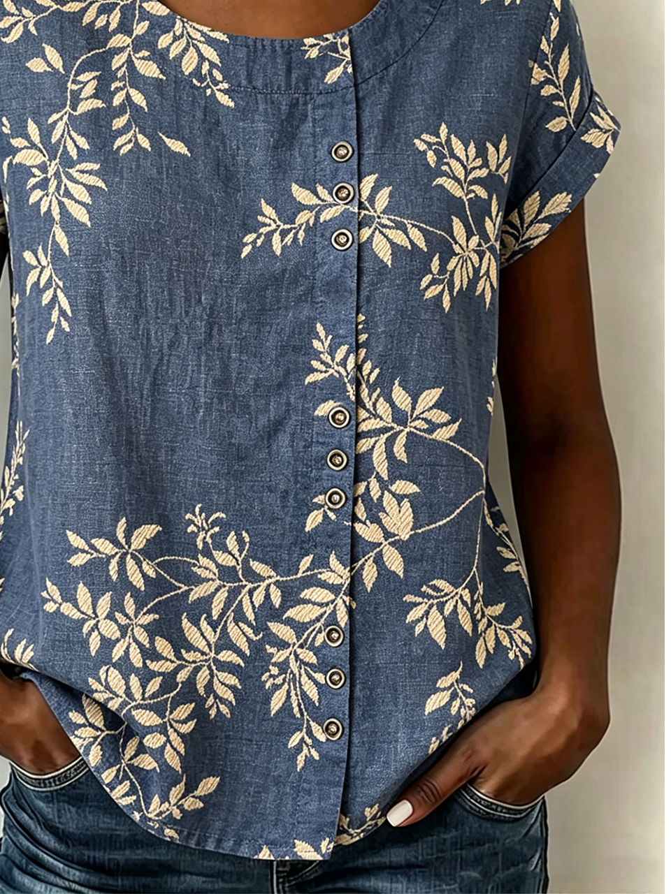 Vintage Loose Crew Neck Botanical Pattern Shirt