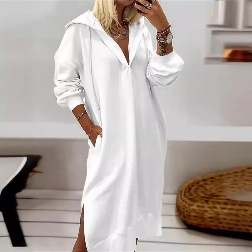 White Long Sleeve V Neck Midi Dress Casual Loose Split Hem Dress
