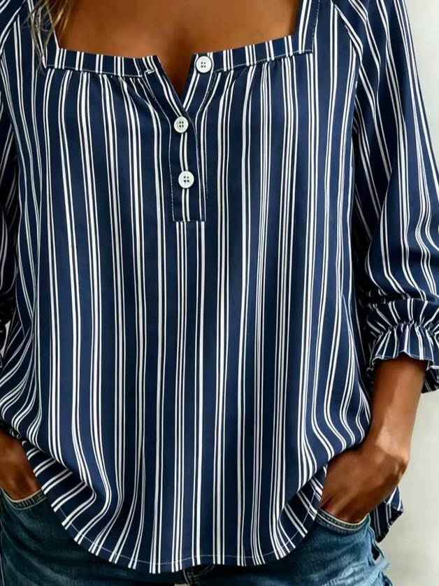 Women's Three Quarter Sleeve Blouse Spring/Fall Navyblue Striped Printing Square Neck Daily Going Out Vintage Top