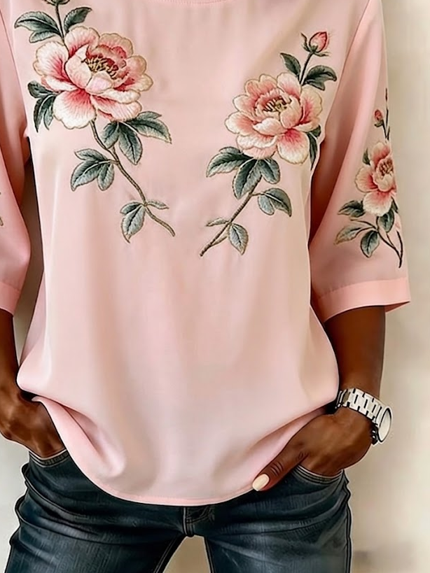 Women's Half Sleeve Blouse Summer Pink Floral Printing Crew Neck Daily Going Out Vintage Top