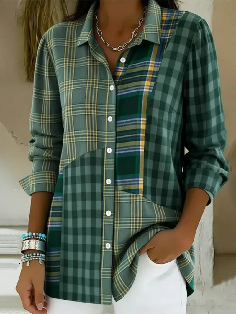 Women's Long Sleeve Shirt Spring/Fall Green Plaid Buckle Shirt Collar Regular Sleeve Daily Going Out Casual Top