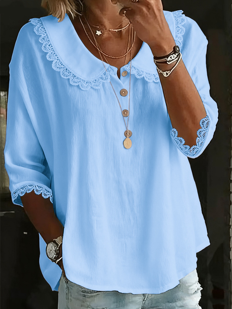 Casual Plain Short Sleeve Round Neck Button Lace Trim Summer Going Out Casual Blouse