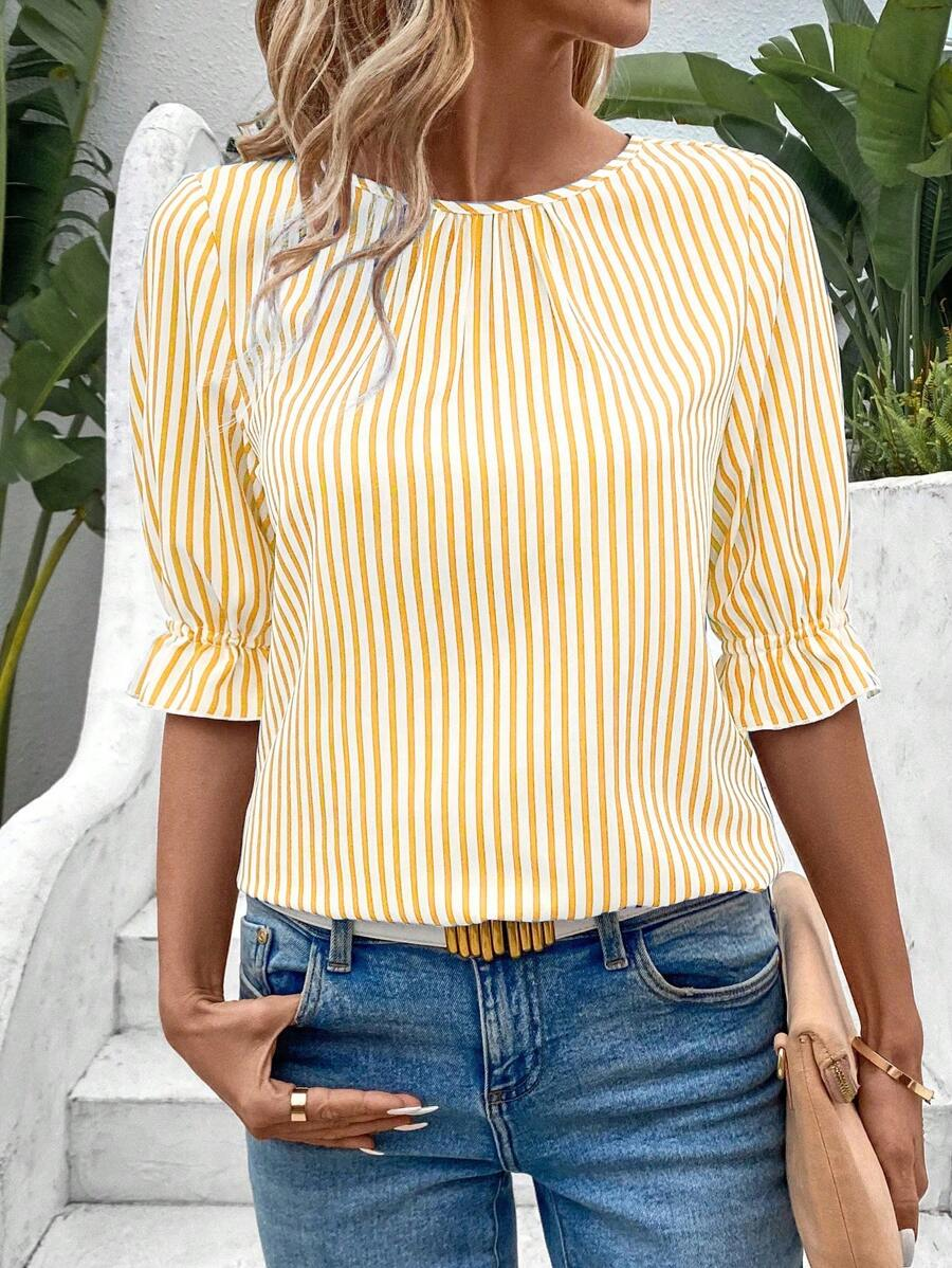 Simple Crew Neck Balloon Sleeve Blouse