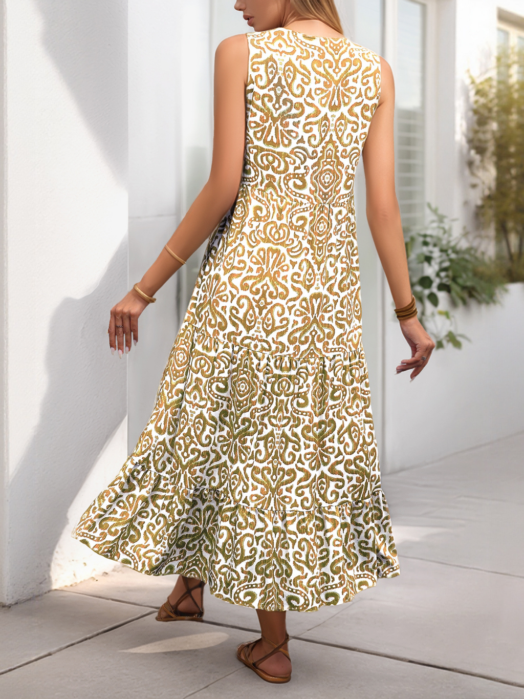 Elegant Ethnic Geometry V Neck Sleeveless Summer Vacation Going Out Elegant Maxi Dress