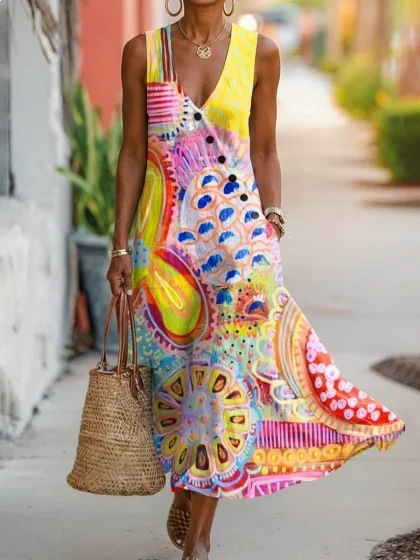 Linen Look Abstract Printed V Neck Sleeveless Button Summer Vacation Casual Maxi Dress