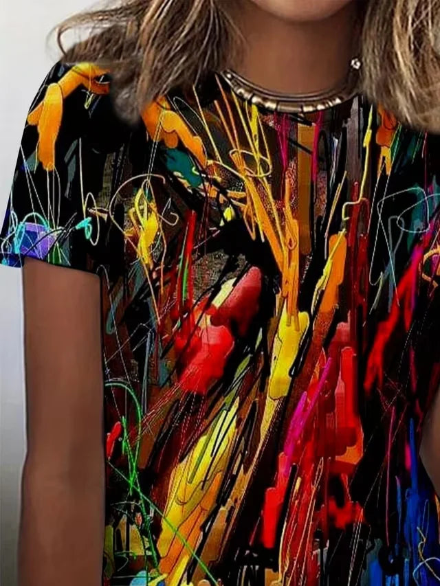 Women's Short Sleeve T-shirt Summer As Picture Abstract Printing Jersey Crew Neck Daily Going Out Casual Top
