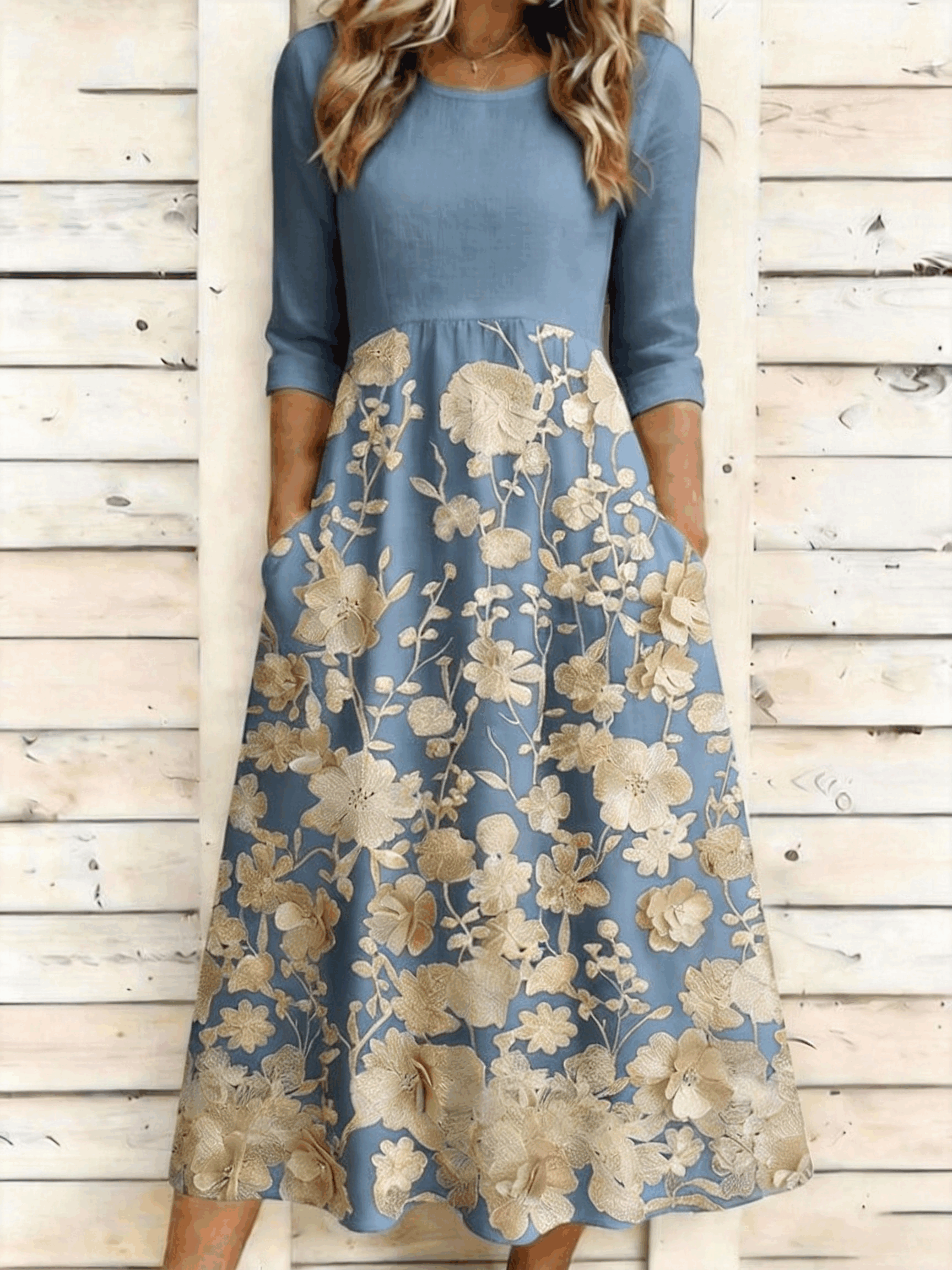Women's Floral Print 3/4 Sleeve Round Neck A-Line Maxi Dress with Pockets