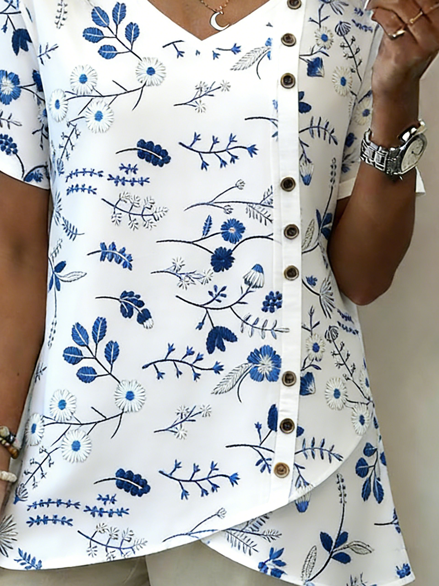 Loose Elegant Cotton And Linen Floral Shirt