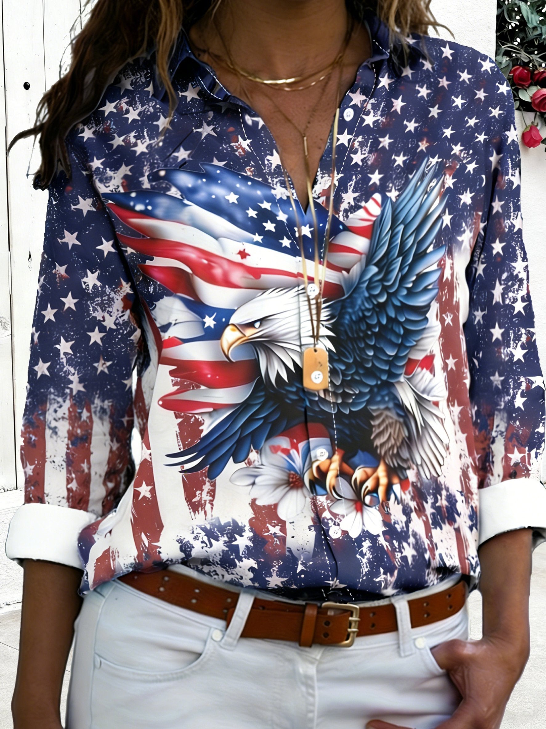 3D Printing Eagle Old Golry Blue America Flag Printing Shawl Collar Going Out Casual Shirt