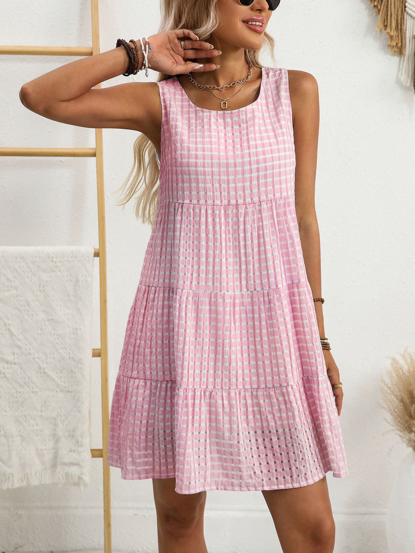 Plaid Crew Neck Sleeveless Going Out Casual Dress