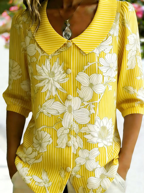 3D Printing Linen Blend Blue Stripe Floral Shawl Collar Button Loose Casual Shirt