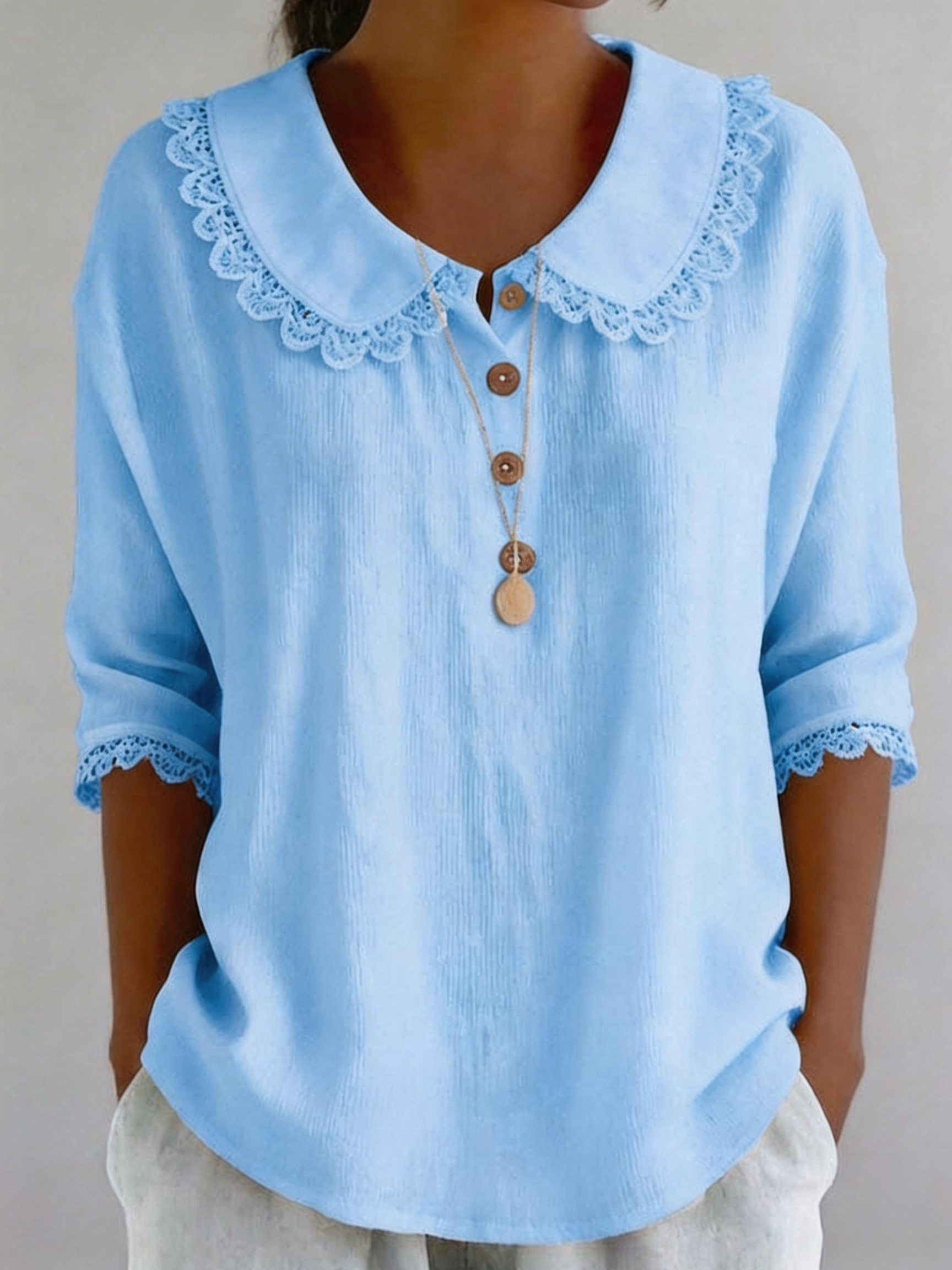 Casual Plain Short Sleeve Round Neck Button Lace Trim Summer Going Out Casual Blouse
