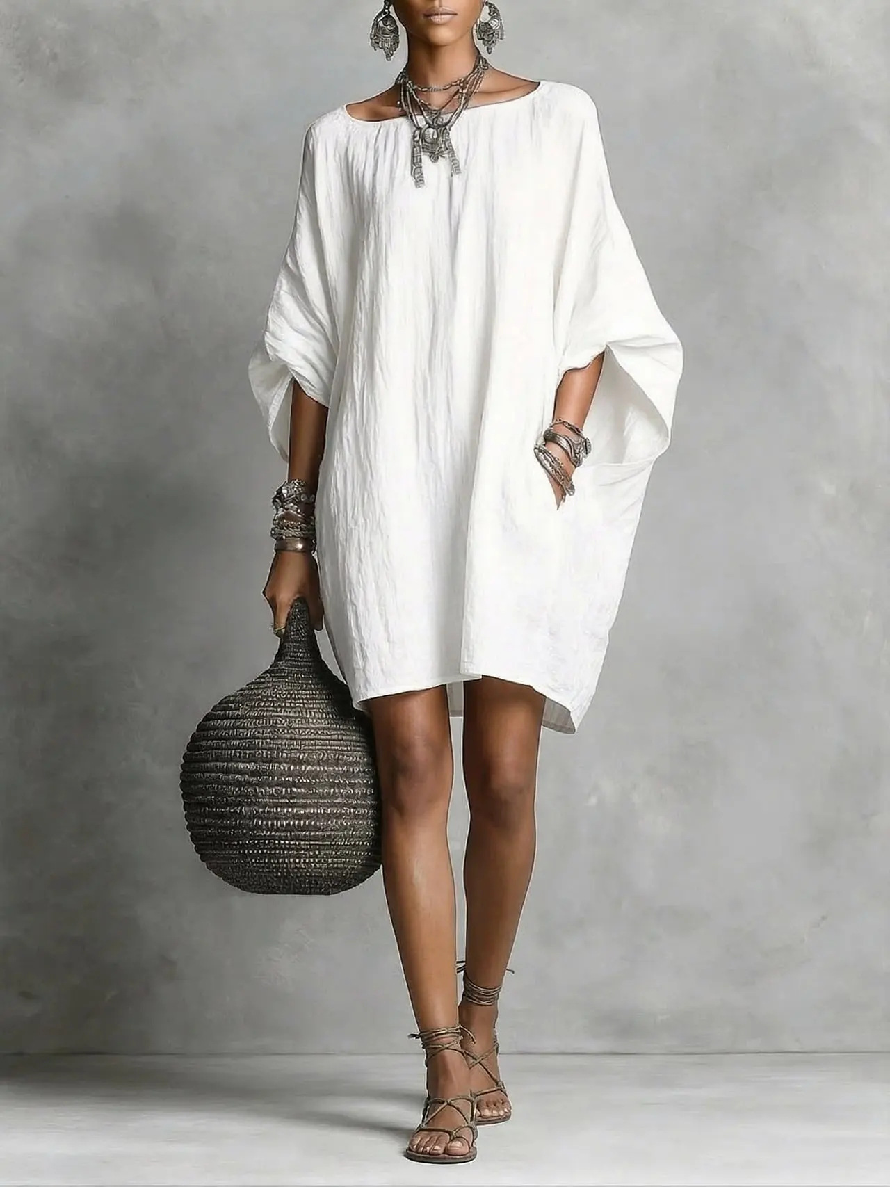 Casual Plain Boat Neck Mini Dress