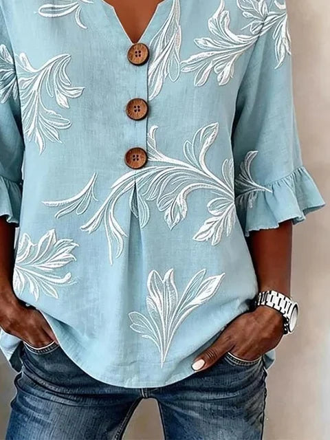 Women's Half Sleeve Blouse Summer Blue Floral Printing V Neck Daily Going Out Vintage Top