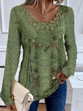Casual Random Print Crew Neck Lace Shirt