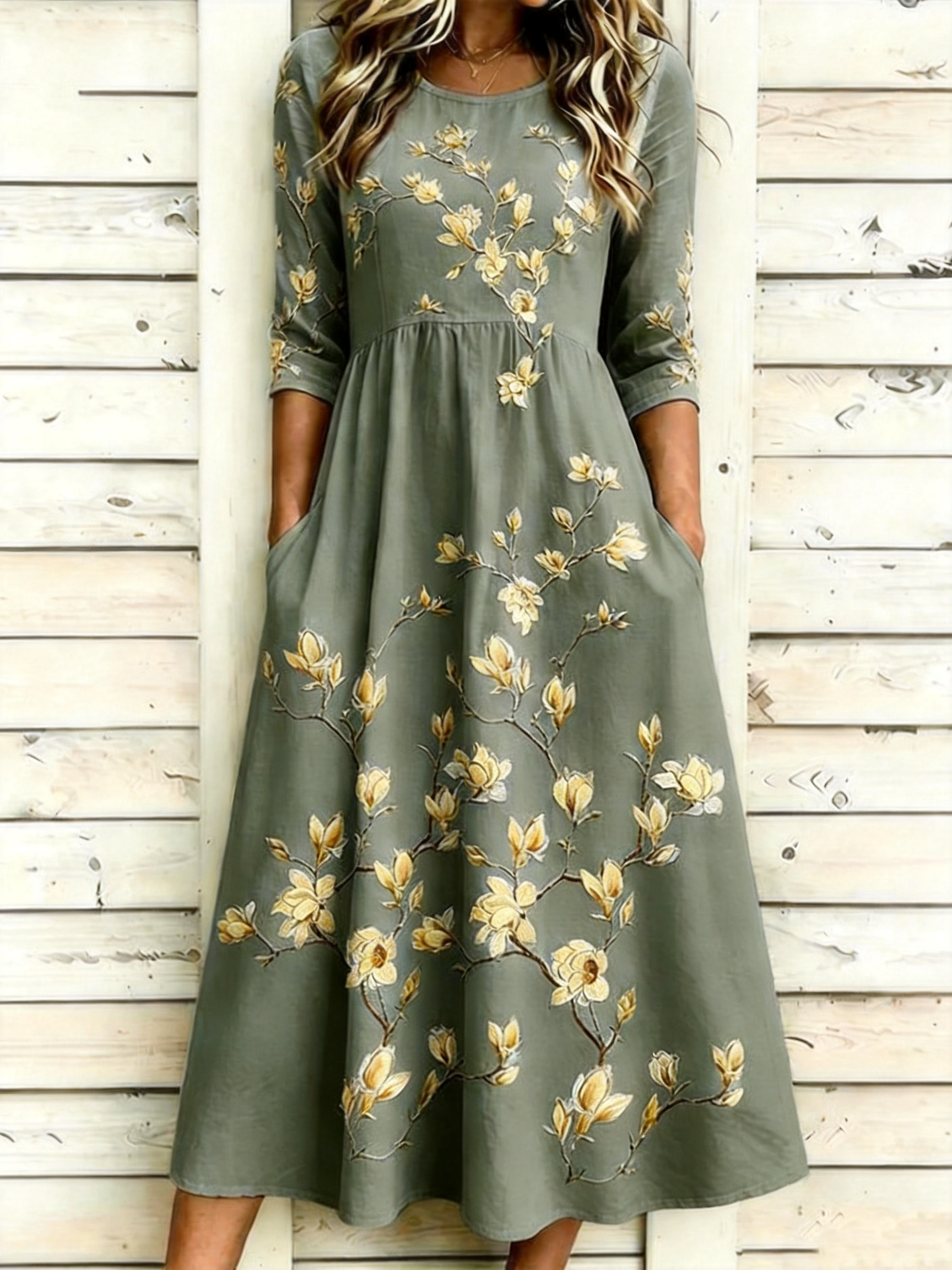 Women's Light Blue Floral Print Maxi Dress Round Neck 3/4 Sleeve Casual A-Line Dress with Pockets