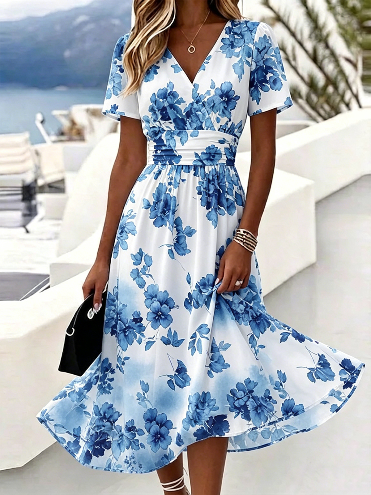 Elegant Regular Fit Floral V Neck Dress With No