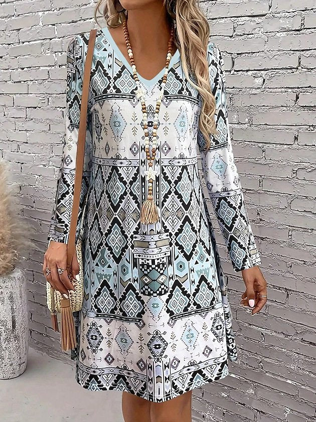 Casual Geometric V Neck Regular Fit Dress With No