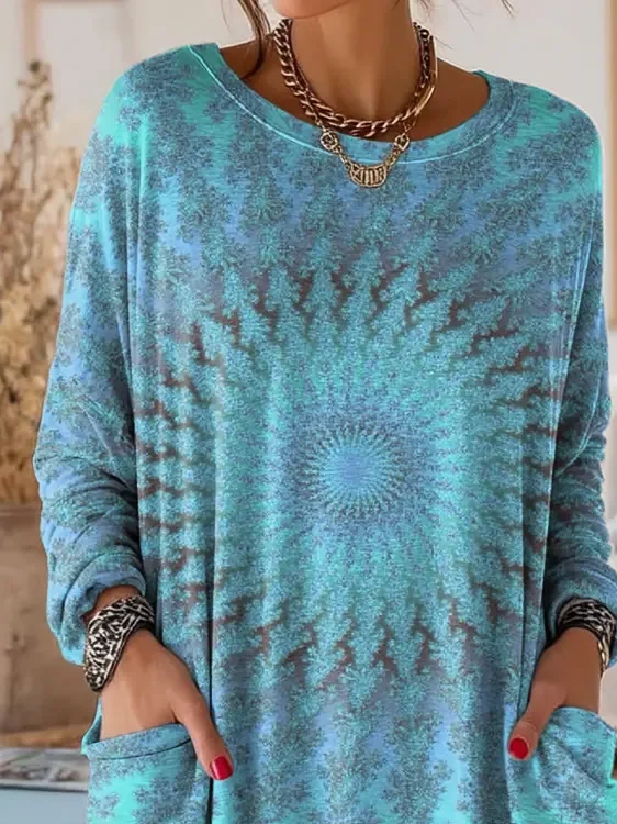 Women's Long Sleeve T-shirt Spring/Fall Blue Abstract Printing Crew Neck Daily Going Out Vintage Top