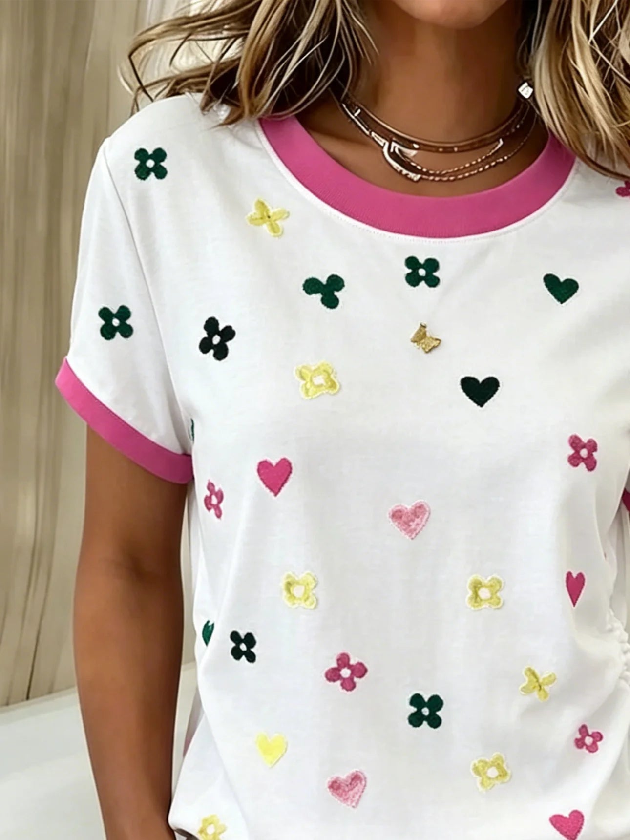 Crew Neck Cotton Casual Heart/Cordate T-Shirt