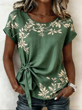 Elegant Botanical Pattern Crew Neck Loose Shirt