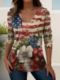 Women's Long Sleeve T-shirt Spring/Fall As Picture America Flag Printing V Neck Holiday Going Out Casual Top