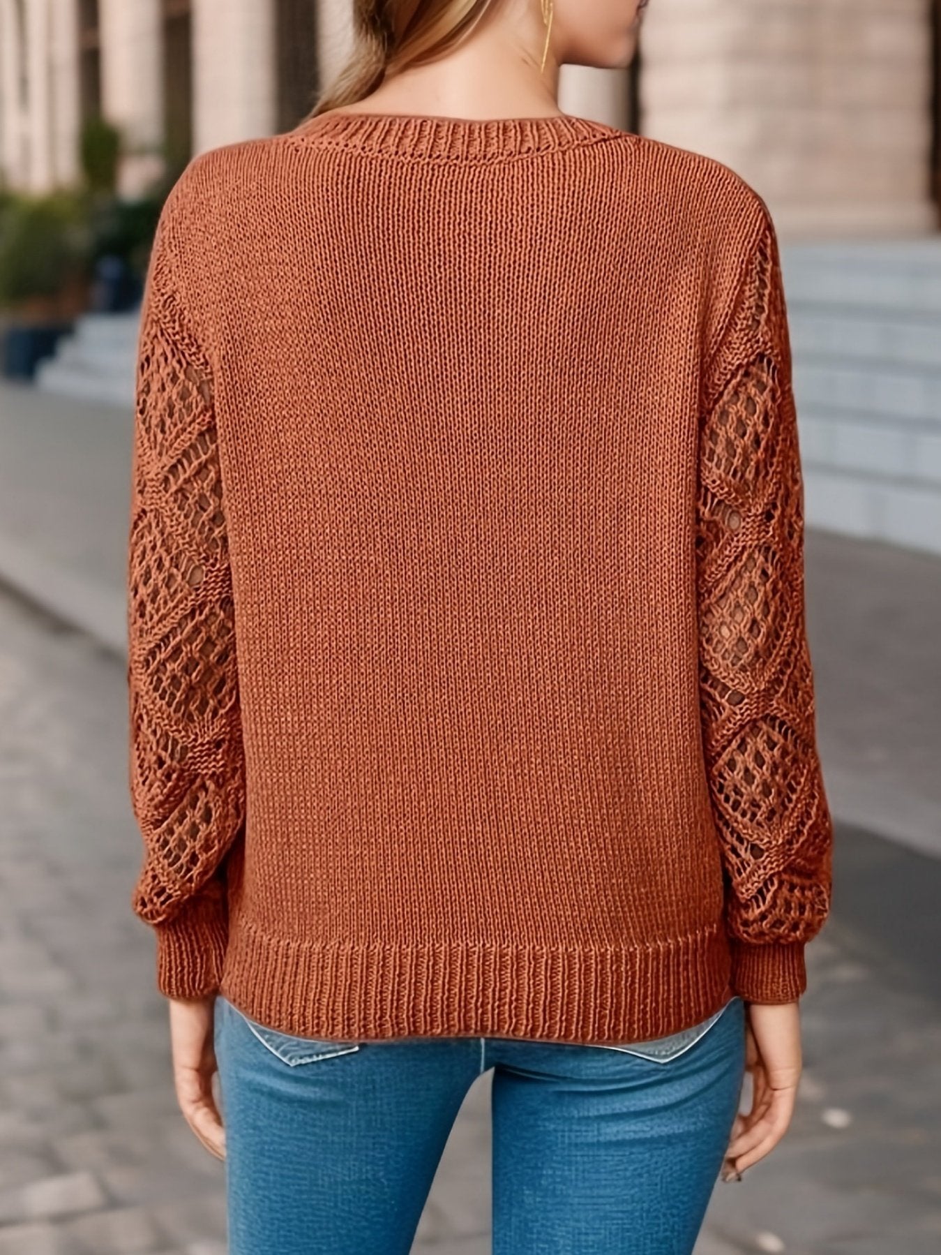 Basic Wool Hollow Knit Pullover Long Sleeve Crochet Jacquard Loose V-neck Bottoming Sweater
