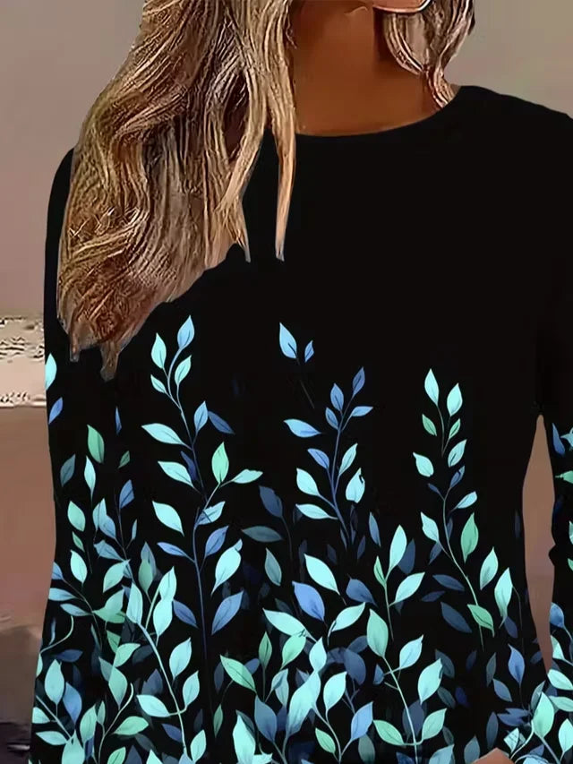 Women's Long Sleeve T-shirt Spring/Fall Black Leaf Printing Jersey Crew Neck Daily Going Out Casual Top