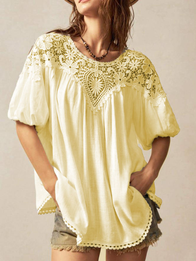 Polyester Cotton Lace Patchwork Crew Neck Puff Sleeve Western Style Summer Spring Going Out Blouse