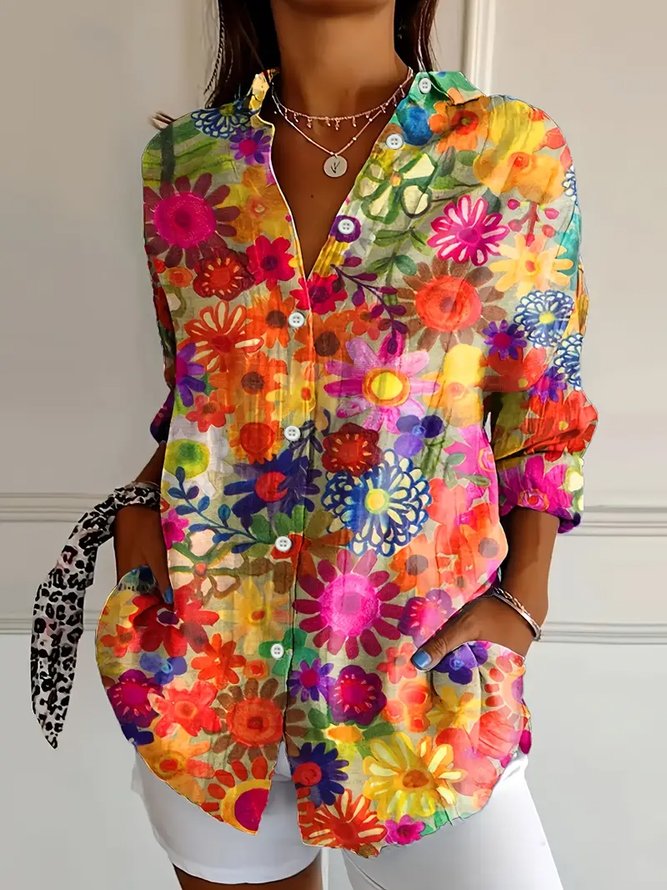 Women's Long Sleeve Shirt Spring/Fall As Picture Floral Buckle Shirt Collar Daily Going Out Casual Top